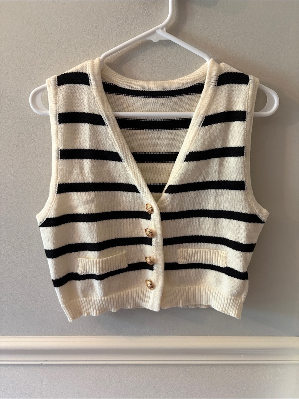 Striped Knit Button Vest in Cream and Black